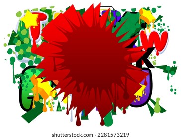 Red Speech Bubble Graffiti on multicolored Background. Abstract colorful modern dirty street art decoration performed in urban painting style.