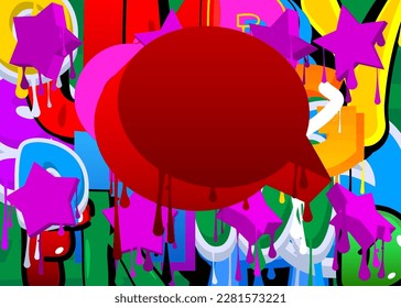 Red Speech Bubble Graffiti on multicolored Background. Abstract colorful modern dirty street art decoration performed in urban painting style.