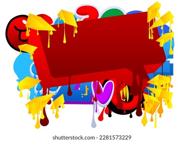 Graffiti de la burbuja del discurso rojo en fondo multicolor. Resumen de la decoración moderna de arte callejero sucio y colorido realizada al estilo de la pintura urbana.