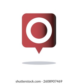 Red speech bubble icon with a white square and red circle inside, casting a shadow on a white background
