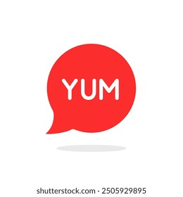 rotes Sprechblasensymbol mit yum-Text. abstrakter flacher Stil Trend modernes Grafikdesign leckeres Logo-Element einzeln auf Weiß. Konzept des minimalen Yumyum-Piktogramms für Restaurant-Café oder Café