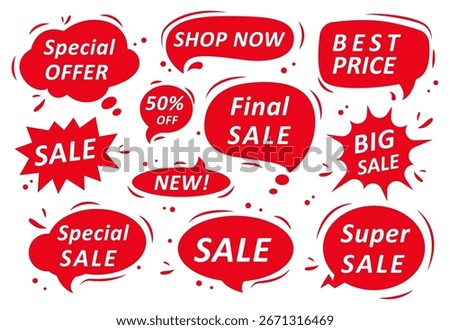 Red speech bubble sale labels with text like special offer, best price, final sale, big sale, super sale. Vector discount signs for shopping, marketing, clearance, and retail promotion.