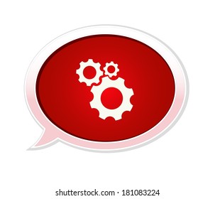 The red speech bubble with the setting symbol / the glossy bubble with cogwheel icon / the cogwheel icon