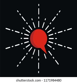 Red speech bubble with sunburst on dark background
