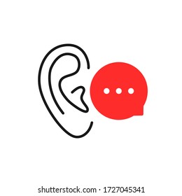 red speech bubble with whisper in ear. concept of easy rumors spread and impact on the listener. flat linear simple style trend modern minimal logotype graphic art design isolated on white background