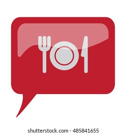 Red speech bubble with white Dinner icon on white background