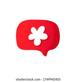 Red speech bubble with white flower symbol. Vector design element isolated on white.