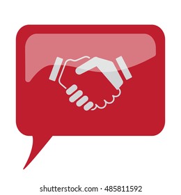 Red speech bubble with white Handshake Agreement icon on white background