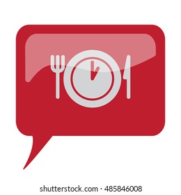 Red speech bubble with white Lunch Time icon on white background
