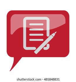 Red speech bubble with white Pen And Paper icon on white background