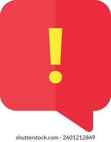 Red speech bubble with a yellow exclamation mark inside, symbolizing alert, warning, or important message. Bold, striking, communicative