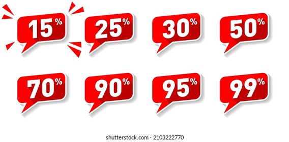 Red speech bubbles from 15% to 99% off Sign. Discount, Sale, Special Offer Label, Sticker, Tag, Banner, Advertising, offer Icon. Vector Sticker on transparent background