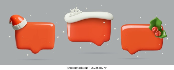 Red speech bubbles 3d vector collection with Christmas holiday decorations Santa hat, snow and holly berries. Winter holiday empty chat boxes for a message. 