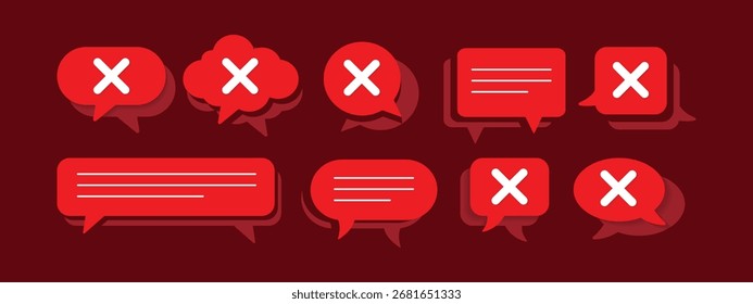 Red speech bubbles and notification icons, featuring white 'X' marks or horizontal lines to convey error, rejection, or unread messages. Communication failures in a digital context.