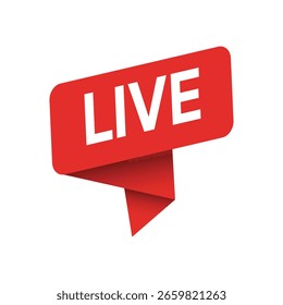 A red, speech-bubble-shaped "LIVE" graphic, white text, angled perspective, folded paper effect, bright lighting, clean vector design, isolated on a white background, modern.
