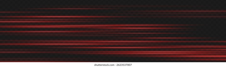 Red speed light lines in motion blur style. Horizontal glowing streaks on dark background ideal for neon UI, energy trails, and futuristic tech elements.
