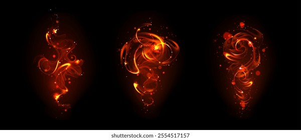 Red spell for magic wand effect with smoke vector. Neon swirl for wizard fire with glitter particle. Magician witchcraft twirl. Abstract miracle vortex trick. Flame energy with glow trail wave