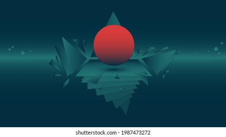 Esfera roja flotando sobre el escenario partículas dispersas de diferentes escombros forma ilustración 3D.