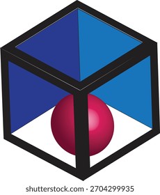 Una esfera roja levita dentro de un cubo de estructura de alambre negro con un interior azul, lo que resulta en un diseño geométrico elegante. La Imagen está aislada sobre un fondo blanco y es una composición minimalista.