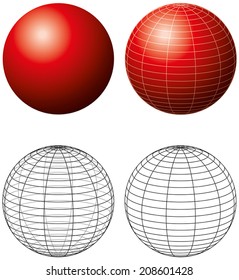 Red Sphere With Meridians - Three-dimensiona lred sphere with grid-lines and outline version. Vector illustration on white background.