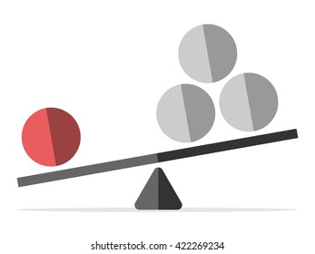 Red sphere outweighing many gray ones on scales isolated on white. Leadership, individuality, uniqueness, success, efficiency and competition concept. EPS 8 vector illustration, no transparency