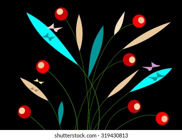  Red spheres on stalks with bright leaves and butterflies, on a black background