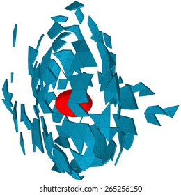 Red spherical object among randomly scattered polygonal objects