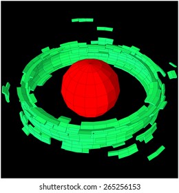 Red spherical object in the middle of the torus, which is beginning to crumble to pieces