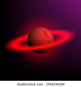 Red spherical space battle station with glowing rings in the style of the planet Saturn on a dark background