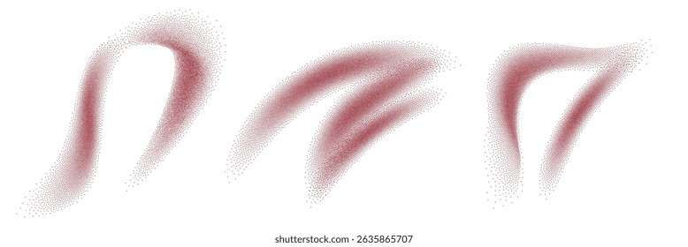 Red spice powder splashes. Flying red dust particles isolated on transparent background. Powders of chilli, paprika, pepper. Vector illustration set.