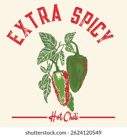 Red spicy chili artwork. Always fresh spicy graphic print design. food prints. summer girls artwork. vintage grunge texture. Hot chili t shirt design for t shirt print, poster, sticker, background an!