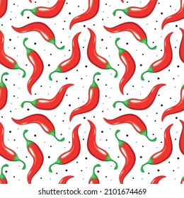 Red spicy chili pepper vegetables on white background seamless pattern. Vector illustration.