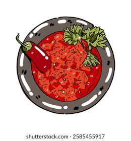 red spicy chili sauce with celery on stone mortar herbs and spices Illustration with isolated white background