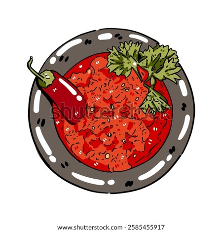 red spicy chili sauce with celery on stone mortar herbs and spices Illustration with isolated white background