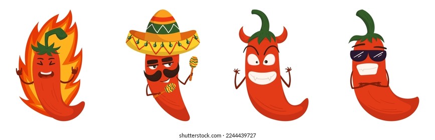 Carácter picante de pimienta chilli rojo quemándose en llamas, jugando a Maracas, diablo con cuernos y jalapeno frío en lentes de sol. Personaje gastronómico mexicano caliente en Sombrero con bigotes. Ilustración del vector de dibujos animados