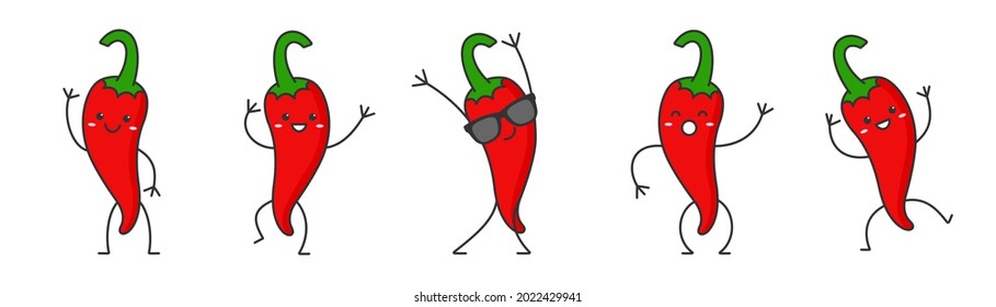 Red Spicy Pepper Chilli Character Cartoon Face Smiling Happy Emotions Icon Logo Vector Illustration.