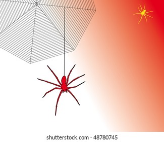 Red spider hangs on his web.