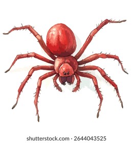 Uma ilustração de aranha vermelha em um estilo aquarela, com oito pernas peludas e um grande abdômen bulboso, visto de uma perspectiva frontal.