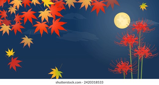 Red spider lily, autumn leaves, and full moon landscape (2:1) svg
