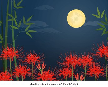 Red spider lily, bamboo thicket, and full moon background