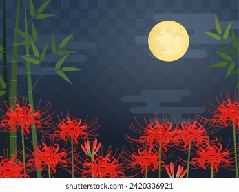 Red spider lily, bamboo thicket and full moon background checkered pattern