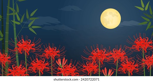 Red spider lily, bamboo thicket, and full moon background (2:1) svg