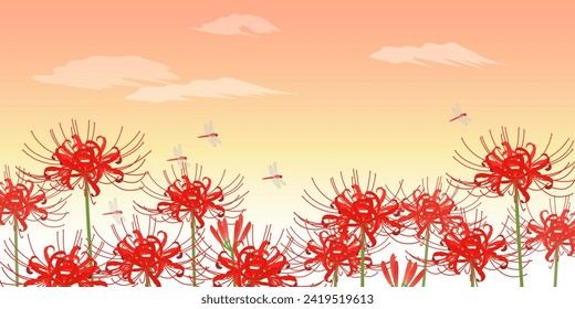 Red spider lily and dragonfly background sunset (2:1)