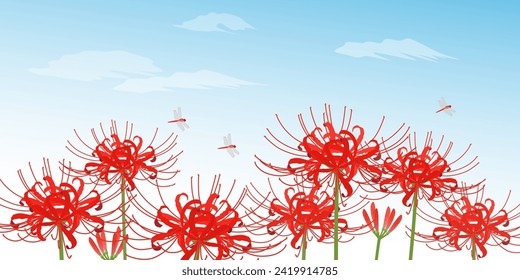 Red spider lily and dragonfly background blue sky (2:1) svg