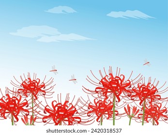 Red spider lily and dragonfly background blue sky svg