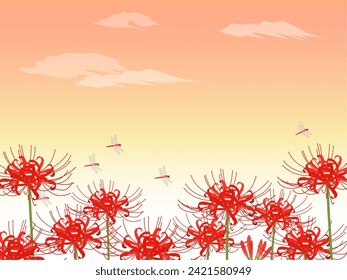 Red spider lily and dragonfly background sunset svg