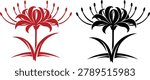 Red spider lily with leaves vector illustration. Traditional japanese higanbana flower silhouette set in black and red isolated on white background.