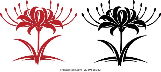 Red spider lily with leaves vector illustration. Traditional japanese higanbana flower silhouette set in black and red isolated on white background.