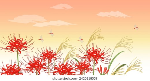 Red spider lily, pampas grass, and dragonfly background sunset svg