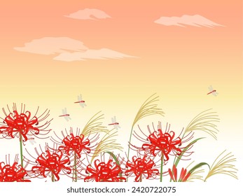 Red spider lily, pampas grass, and dragonfly background sunset svg